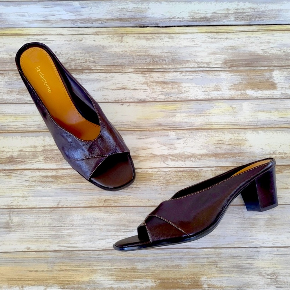 Liz Claiborne Twinkle 2 Brown Open Toe Slip-On Low Heel Leather Mules Size 9